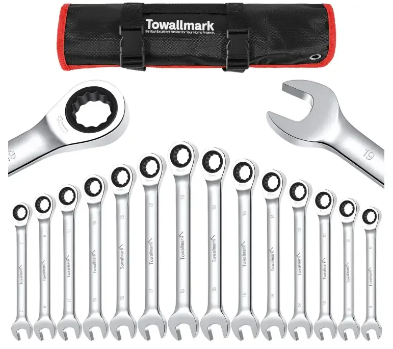 Towallmark 14-Piece Wrench Set, Ratcheting Wrench Set, Metric 6-19mm, Fixed Head Ratcheting Combination Wrenchs, Chrome Vanadium Steel with Storage Bag for truck/garage projects