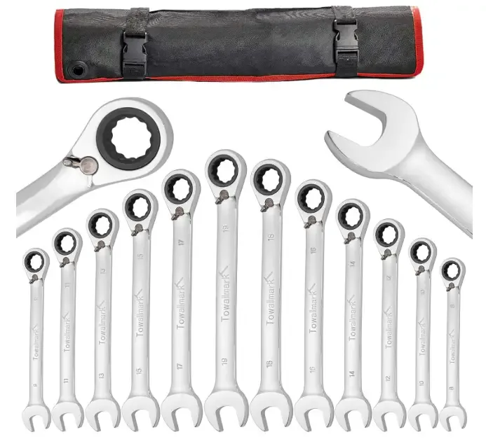 Towallmark 12-Piece Fixed Wrench Set, Reversible Ratcheting Combination Set, Metric 8mm-19mm, 72 Teeth, Cr-V Steel Ratchet Wrenches Set with Storage Bag for motorcycle/car