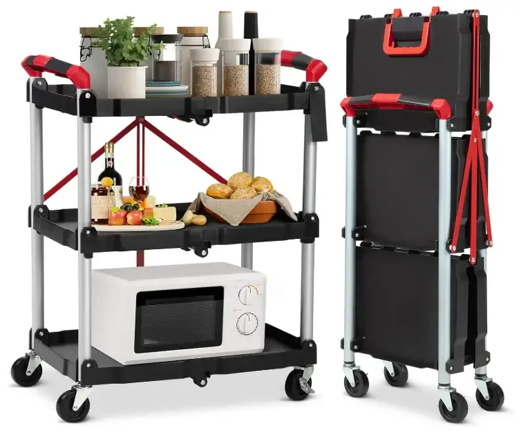 Towallmark Portable Folding Service Cart, 3 Tier Folding Utility Cart, Collapsible Utility Carts for Office, Warehouse, and Home, 56 Lbs Load Capacity per Shelf